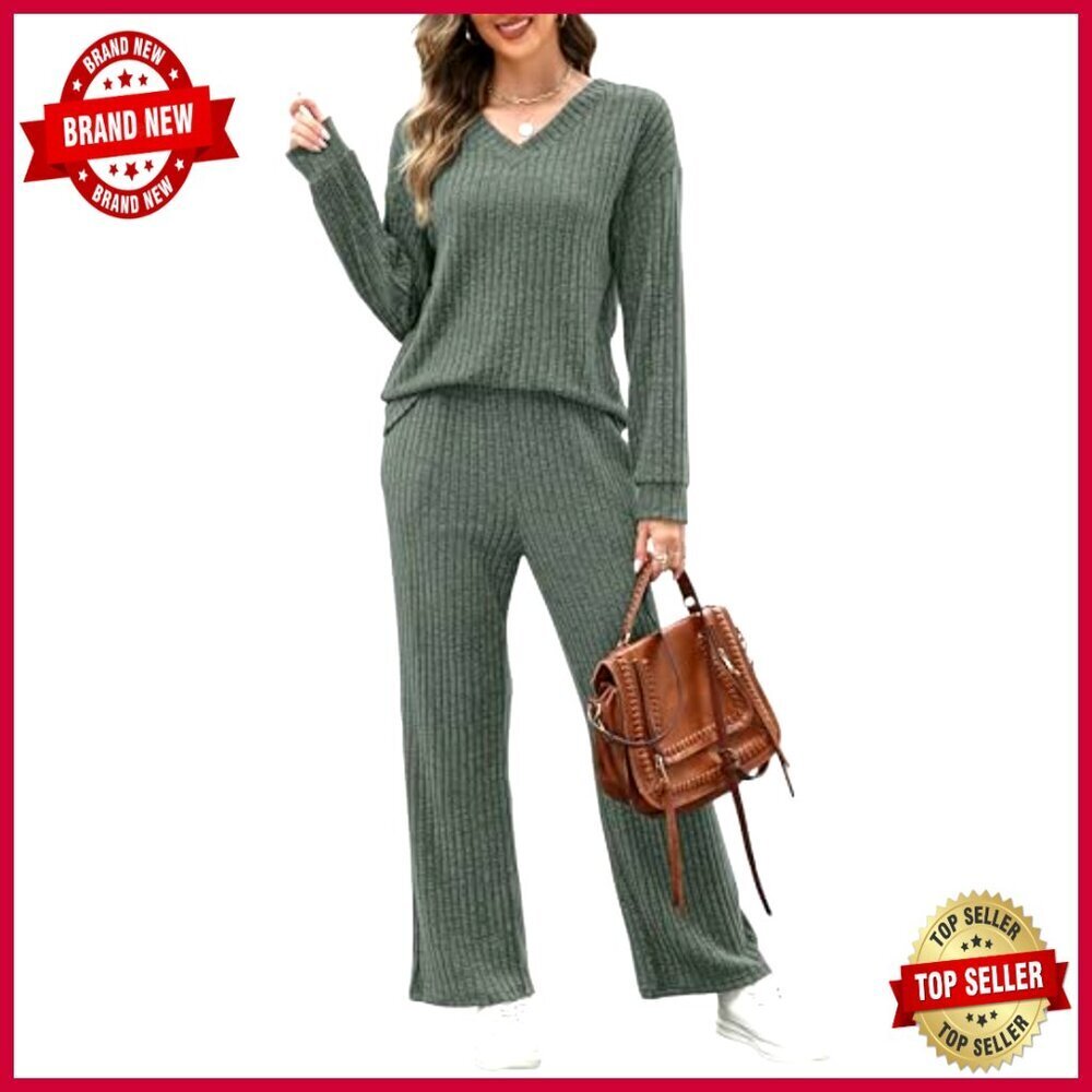 Matching Lounge Set V-Neck Sweater Wide Leg Pants S-2XL - Picture 2 of 7